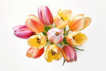 Multicolored bouquet of tulips isolated on white background. Generative AI.