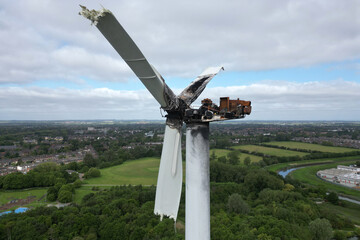 aerial view of Fire damaged industrial wind turbine