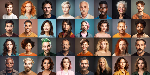 Diverse group of fictitious people of different ethnicity age and gender. Generative AI. - obrazy, fototapety, plakaty