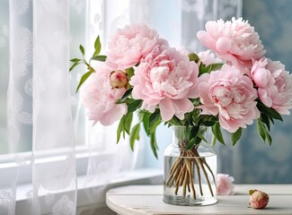Vase with beautiful peony flowers on table. created with Generative AI technology