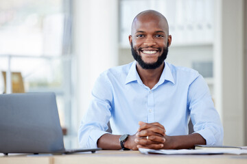 Fototapeta na wymiar Portrait, black man and business writer in office with pride for career or company job. Face, smile and professional, entrepreneur and male copywriter from South Africa with success mindset at work.