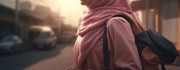  Islamic woman in hijab and bag. Generative Ai