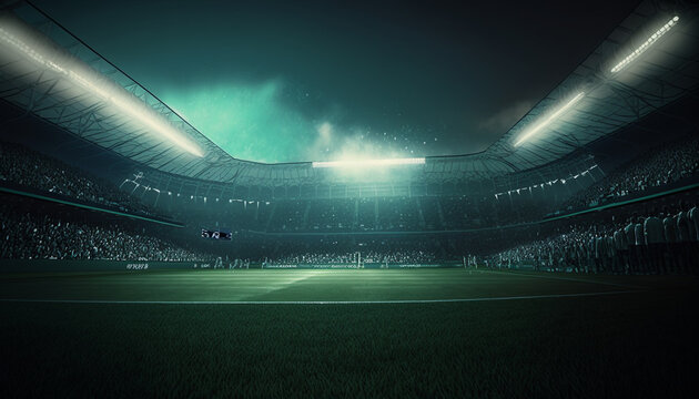 Picture a soccer stadium adorned with bright LED spotlights and camera flashes, creating a dazzling spectacle for players and fans alike. 3D rendering, Generative AI.