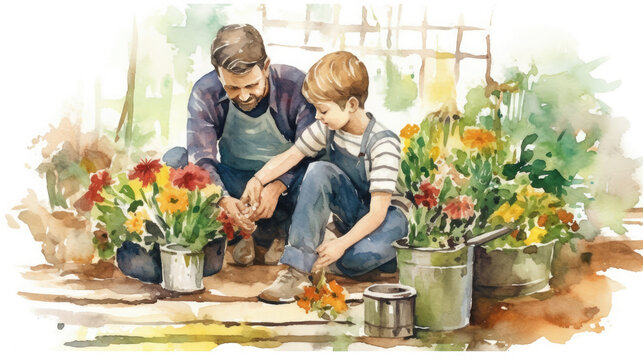 Dad and son gardening together. Fathers day concept. Generative AI