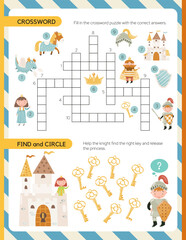Activity page for kids – find right key, crossword. Game set worksheet with knights characters – knights, dragon, king, princess. Vector illustration.