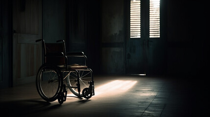 Wheelchair in the dark room. Generative Ai