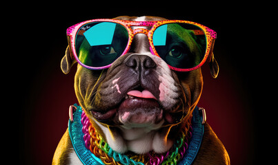 A cyberpunk Pitbull dog wearing sunglasses and dressed in neon-colored clothes, exudes a futuristic vibe.