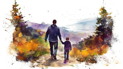 Dad and son walk along the path in nature. Tourist trip together. Fathers day concept. Generative AI