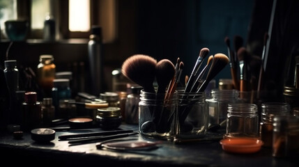 Obraz na płótnie Canvas Professional makeup brushes and tools. Generative Ai