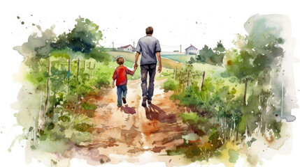 Obraz premium Dad and son walk along the path in nature. Tourist trip together. Fathers day concept. Generative AI