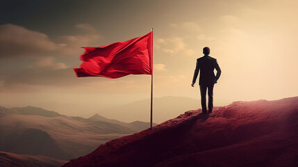 A red flag on a mountain with a man standing on it.generative ai