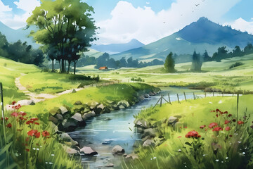 Fototapeta na wymiar watercolor summer green countryside field nature landscape ai generated art Generative AI