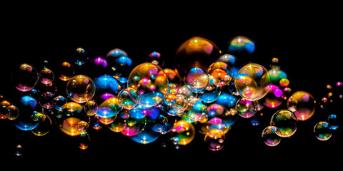 Flying soap bubbles isolated on black background. Ai generated