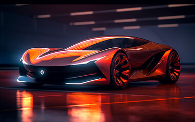 Future concept car. The red figure embodies the essence of the approaching future. Its design is exquisitely elegant, remarkably modern, and wonderfully minimalistic.  Generative AI, 