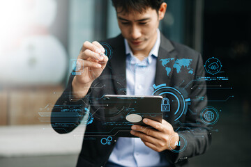 Network security. business using digital tablet and computer with digital padlock for data protection, internet technology networking and cyber security technology.