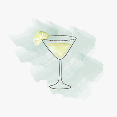 Watercolor cocktail with lemon. Hand drawn isolated summer drink glass on watercolor background. Artistic illustration.
