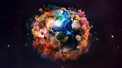 Obraz na płótnie Canvas The beautiful planet Earth in outer space is covered with colorful flowers. The concept of global ecology and environmental protection. Generation AI