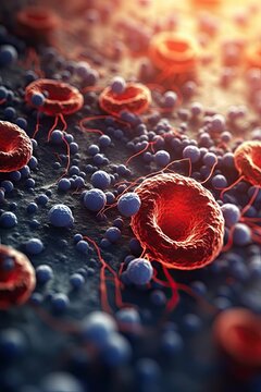 Illustration of blood cancer cells, close-up, contained in a blood vessel Generative AI