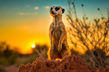 Meerkats on the lookout in the desert - obrazy, fototapety, plakaty
