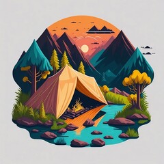 tent in the forest. mountains. camping in the mountains. illustration. Generative AI