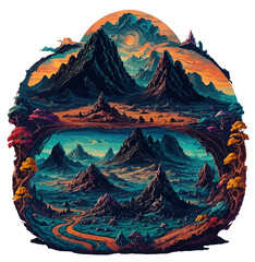 Mystical psychedelic illustration of mountains landscapes (Generative AI)