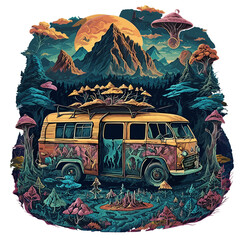 Illustration of abandoned retro bus in a mystical symbolic dream Interpretation (Generative AI)