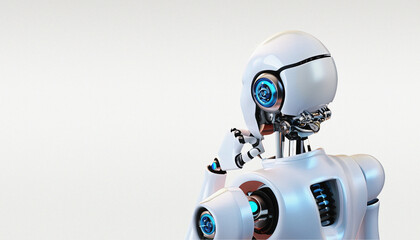 3D Rendering of a cyborg Robot analyzing in a White Background with Copy Space Concept of Artificial Intelligence and Problem Solving, humanoid, smart, intelligent, futuristic robot, digital design.