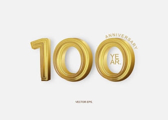 100th Anniversary celebration. Golden numbers, Vector festive illustration. Realistic 3d sign. Party event decoration, set of anniversary logotype style with handwriting golden color