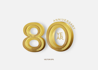 80th Anniversary celebration. Golden numbers, Vector festive illustration. Realistic 3d sign. Party event decoration, set of anniversary logotype style with handwriting golden color