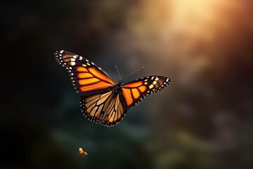 Fototapeta na wymiar A Beautiful Backlit Monarch Butterfly In Flight