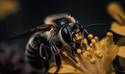 detail of bee or honeybee isolated on the flower. Macro shot.