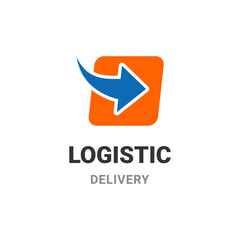 LOGISTIC OR DELIVERY LOGO WITH BOX AND ARROW ICON IN FLAT DESIGN