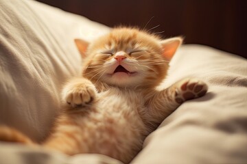 Fototapeta na wymiar Cute Stretch Kitten When A Sleep