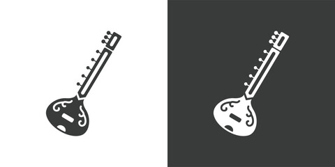 Sitar flat web icon. Traditional Indian sitar logo design. String instrument simple sitar sign silhouette icon with invert color. Sitar solid black icon vector design. Musical instruments concept