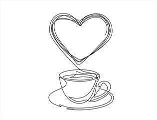 One continuous single line of hand drawn with cup of coffee decorated with heart symbol isolated on white background.