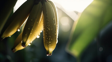 Green banana bunch full of wet bananas with water drops on them and the leaves - obrazy, fototapety, plakaty