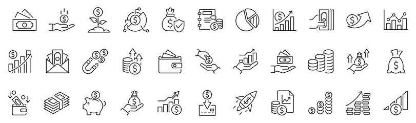 Set of line icon related to income, salary, money, business. Outline icon collection. Editable stroke. Vector illustration - obrazy, fototapety, plakaty