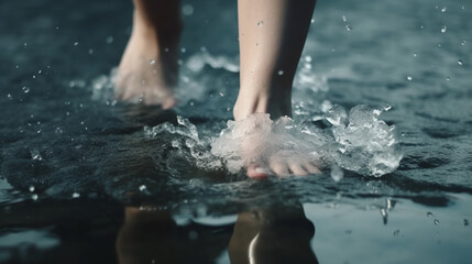 A woman stands in a lake with ice on her feet.generative ai