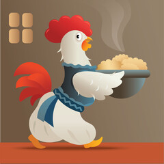 Illustration of a rooster holding a dish full of hot dumplings, traditional clothing, ukrainian cuisine mascot. Vector