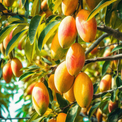 Fresh mangoes in forest. Organic mango. Evening sunlight. Nature in summer season,.