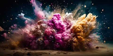 Colored powder explosion on dark background. Freeze motion. Ai generative