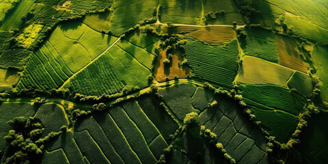 Aerial view with the landscape geometry texture of a lot of agriculture fields with different plants like rapeseed in blooming season. - obrazy, fototapety, plakaty