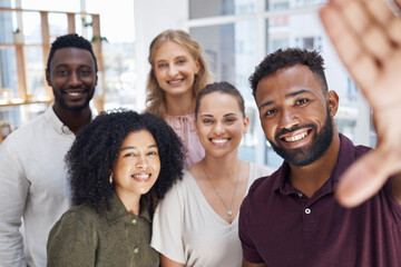 Group of people, diversity and corporate friends in selfie, happy in portrait with team, solidarity and business community. About us, professional of men and women in the office with smile in picture