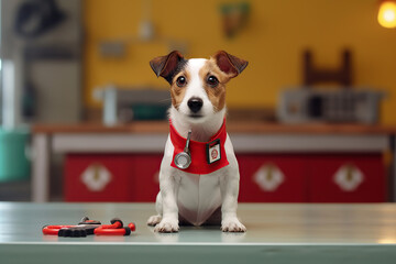 close-up image of a Jack Russell dog in the vet uniform at a veterinary clinic.