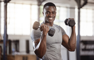 Obraz na płótnie Canvas Exercise, dumbbells and portrait of a black man at gym for fitness, training workout and strong muscle. African athlete or bodybuilder person with weights for bicep power and performance at a club