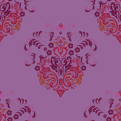 Seamless pattern with interesting doodles on colorfil background. Raster illustration.