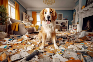 Golden retriever portrait against the backdrop of a mess at home created with Generative AI technology - obrazy, fototapety, plakaty