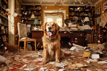 Golden retriever portrait against the backdrop of a mess at home created with Generative AI technology