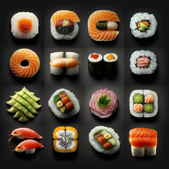Sushi variety collection of delicious top view Generative AI
