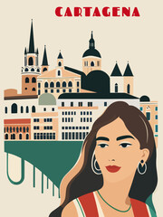 Cartagena: Beautiful vintage-styled poster with a woman and the name Cartagena in Murcia - obrazy, fototapety, plakaty